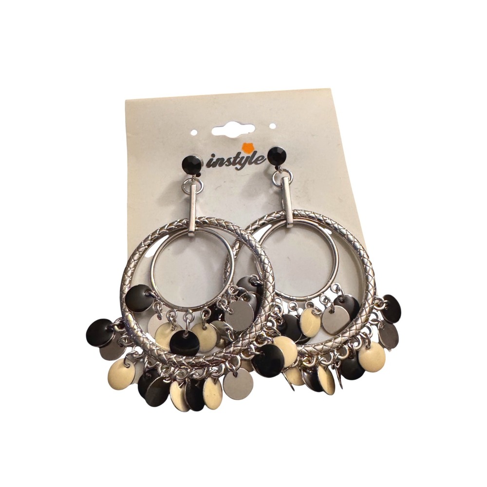 NWOT Instyle Silver Tone Multi Hoop Dangle Earrings Black White Disc Charms Boho